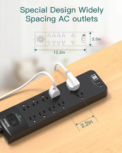 Vista 3 de Addtam - Regleta de alimentación con 10 tomas y 4 puertos USB (2 USB C), 2700J, 6 pies Extension Cord with Multiple Outlets, Surge Protector Power