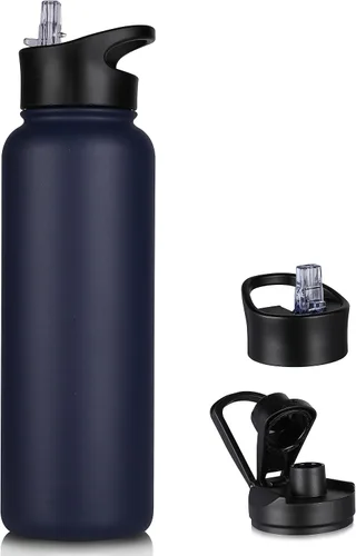 Vista 34 de Botella de agua aislada de 64 onzas con tapas de pajita y boquilla, jarra de agua de acero inoxidable de medio galón con mango de paracord, vacío