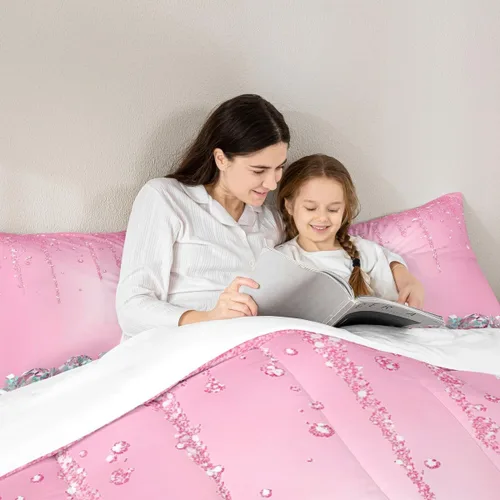 Vista 2 de Castle Fairy Juego de edredón de diamantes geométricos, tamaño matrimonial, juego de ropa de cama con purpurina rosa para niñas, mujeres, adultos