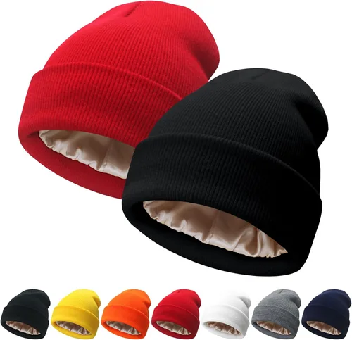 Vista 16 de NPQQUAN 2 PCS Satin Lined Beanie for Women Silk Lined Beanies Winter Warm Soft Lining Cuffed Knit Beanie Hats for Women