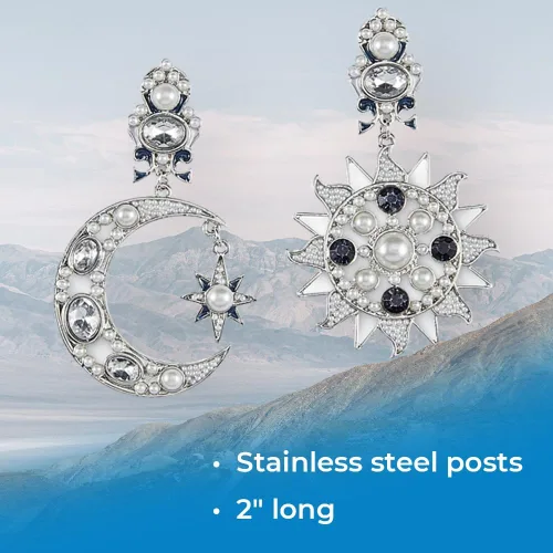Vista 6 de Pendientes de diosa del sol y la luna, joyería de moda de cristal para mujer, aretes colgantes con poste celestial, asimétricos, chapados en plata