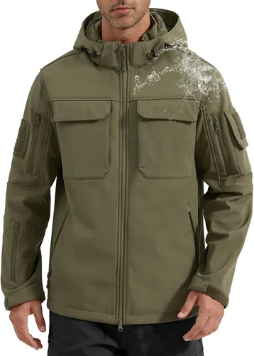 Vista 14 de FREE SOLDIER Chaqueta impermeable Softshell con forro polar para hombre, chaqueta táctica militar con capucha rompevientos