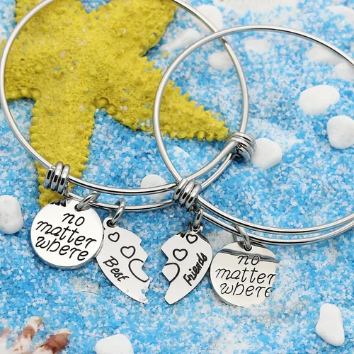 Vista 2 de lauhonmin Juego de 2 pulseras dobles de corazón roto con brújula con brújula BBF Best Friends No Matter Where