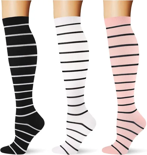 Vista 25 de (3 pares) Calcetines de compresión 20-30 mmHg, calcetines largos hasta la rodilla para mujeres y hombres, soporte atlético, para viajes y uso diario