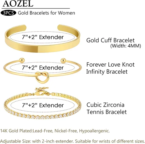Vista 2 de AOZEL 14K Gold Plated Bangle Cuff Bracelets Set for Women Trendy Gold Bracelet Stack for Women Gold Bracelet Set Jewelry Gifts for Her