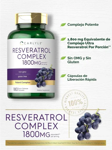 Vista 4 de Carlyle Suplemento de resveratrol 1800 mg 180 cápsulas Sin OMG y sin gluten Complejo potente
