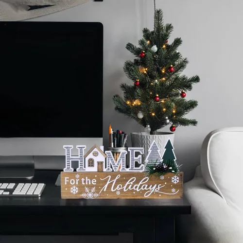 Vista 7 de Bloques de señalización navideña de madera, decoración de mesa con cita para el hogar, señal de bloque de centro de mesa de Navidad con copo