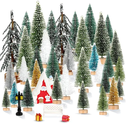 Vista 9 de ONESING 24 Pcs Mini Bottle Brush Trees with Wooden Base Artificial Small Christmas Pine Tree for Crafts, Winter Snow Ornaments for Christmas Table