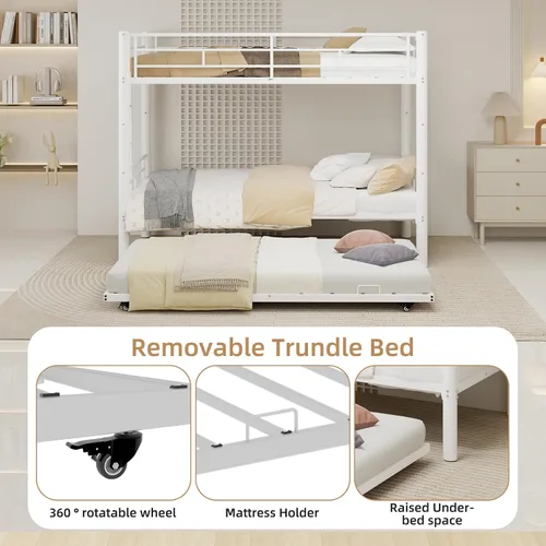 Vista 7 de Twin Over Twin Bunk Bed with Trundle, Heavy Duty Bunk Beds Frame with Side Ladders Convertible Bunkbed with Safety Guard Rails, No Box Spring Needed