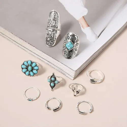 Vista 8 de Juego de anillos bohemios de turquesa para mujer, anillos apilables vintage para nudillos, anillos ovalados con piedras preciosas de piedra gruesa