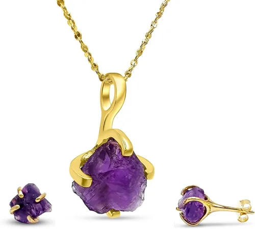 Vista 121 de Juego de joyas de piedras preciosas crudas reales con plata de ley 925 chapada en oro real, collar y aretes de piedra natal, regalo para ella por