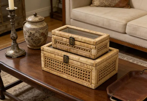 Vista 8 de HUAXIN CRAFT H Caja decorativa de ratán con tapa, rectangular tejida con vidrio para exhibición, juego de 2 mimbre para decoración