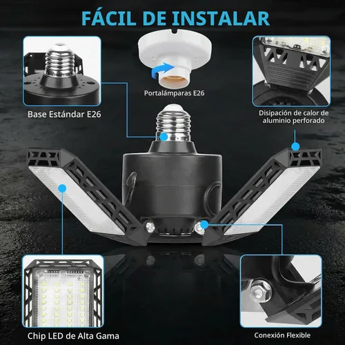 Vista 2 de 4 paquetes de luces LED para garaje, 60 W, luz de techo de garaje deformable, 8000 lm, E26, luces de sótano con 3 paneles LED ajustables, se adapta