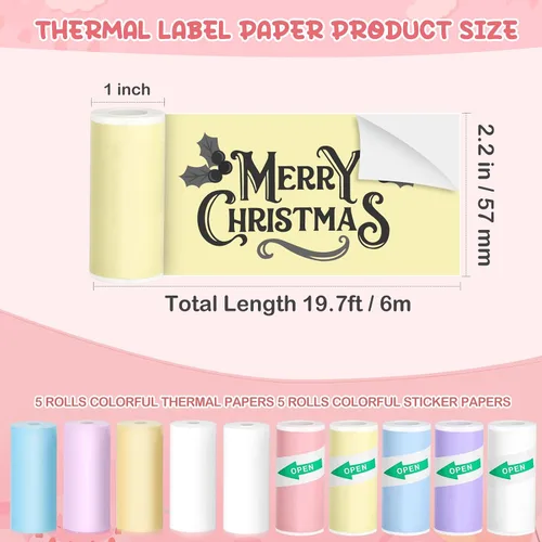 Vista 5 de Impresora de calcomanías, impresora térmica portátil, mini impresora con 10 rollos de papel de impresión, máquina de impresora de calcomanías