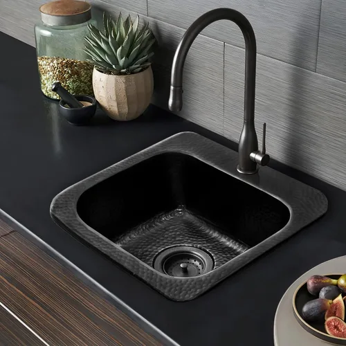 Vista 5 de Monarch Abode Fregadero de cocina y bar – Fregadero de barra pequeño Baxter de 15 pulgadas, fregadero de aluminio negro mate martillado a mano