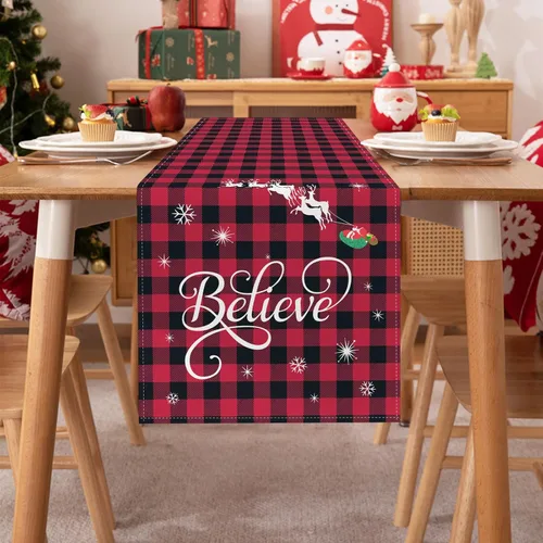 Vista 2 de Bonhause Camino de Mesa Navideño a Cuadros Buffalo Rojo y Negro de 13x72 Pulgadas Xmas Believe Trineo Decoración Estacional de Invierno para Mesa
