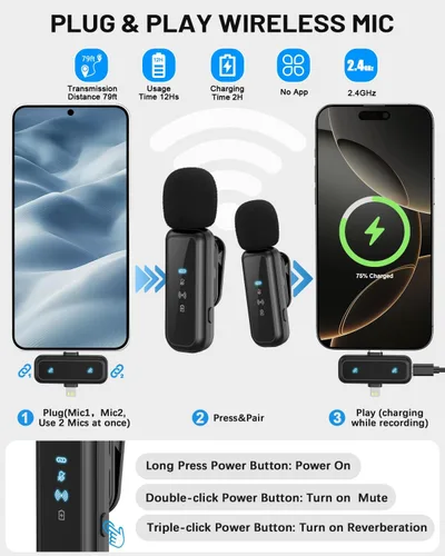 Vista 2 de Kit de vlogging Yeaki para iPhone/Android, palo selfie trípode de 180 cm para iPhone con luz, control remoto inalámbrico y micrófono, trípode