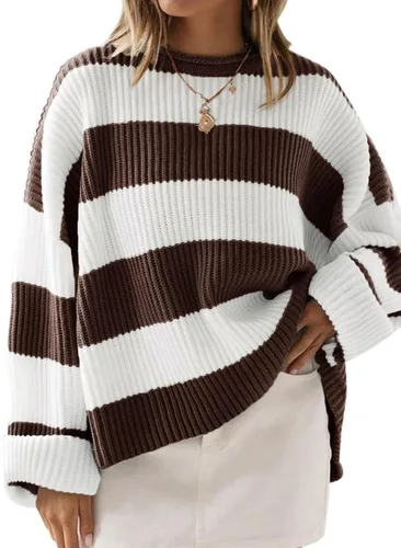 Vista 96 de ZESICA Suéter tejido sin botones de manga larga y cuello redondo, a rayas, bloques de color, cómodo, holgado, talla extragrande para mujer de 2024