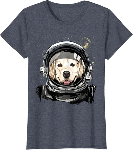 Vista 90 de Camiseta para amantes de los perros de los astronautas del espacio exterior Golden Retriever Lover, Negro