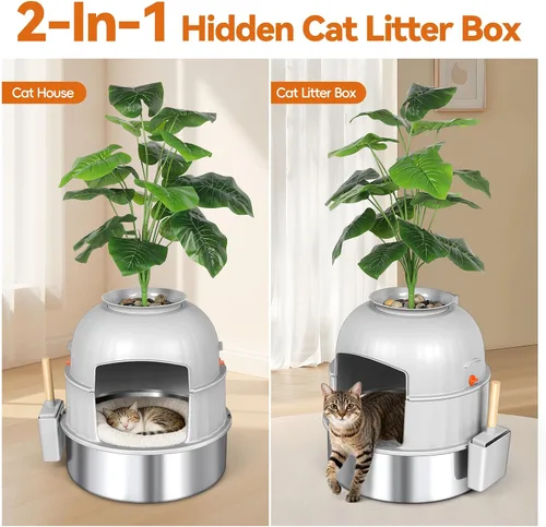 Vista 3 de Caja de arena oculta para gatos con planta artificial, muebles de acero inoxidable, maceta redonda decorativa incluye cuchara, guijarros, filtro