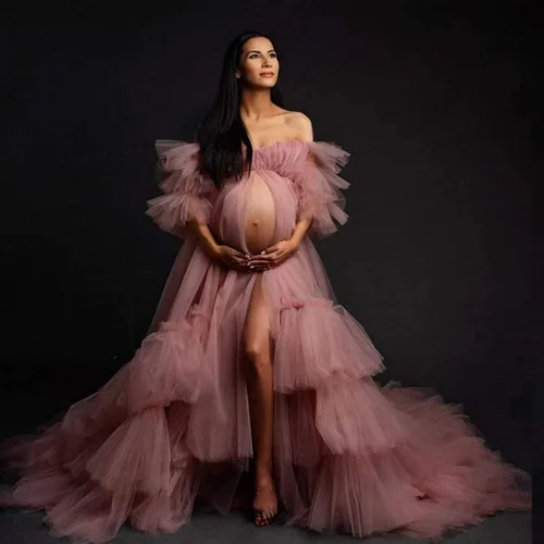 Vista 6 de Tianzhihe Bata de maternidad para sesión de fotos, pareo de playa, transparente, largo para novia, esponjoso, rasgo de boda