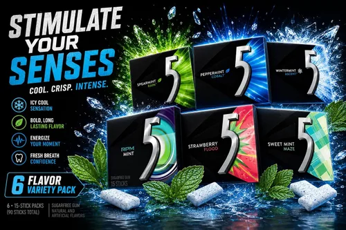 Vista 3 de Goma de mascar Generic 5 Gum 5 Calorías – Sin azúcar sabor surtido (paquete de 6) – 15 palitos por paquete – Obtén 6 de 8 sabores
