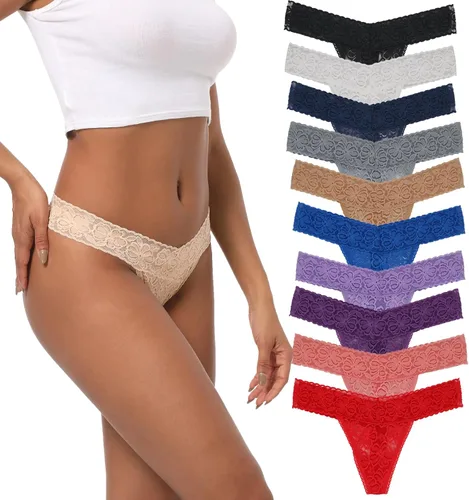 Vista 8 de Tangas de encaje para mujer, talla grande, ropa interior sexy con espalda en T elástica, ropa interior para mujer, paquete de 5/6/10
