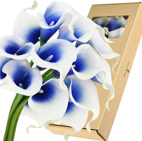 Vista 13 de FiveSeasonStuff Real Touch - Ramo de flores artificiales de lirio de cala para novia, arreglos florales, 15 lirios de cala (azul cerúleo)