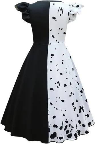 Vista 2 de Lito Angels Disfraz de princesa dálmata en blanco y negro con peluca de pelo para niñas pequeñas