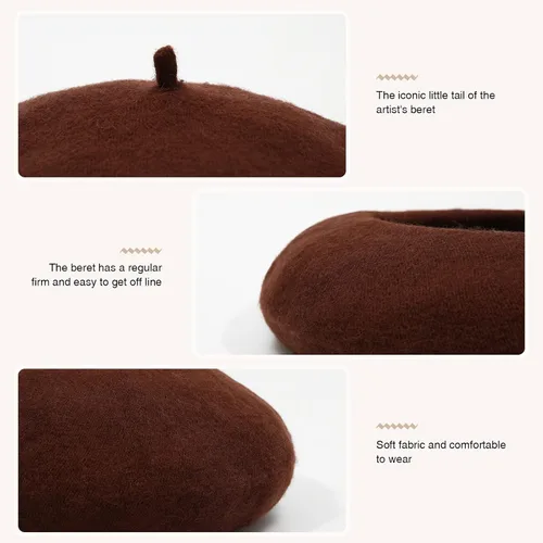Vista 104 de Boina de lana francesa para mujer, gorra de invierno clásica de color sólido