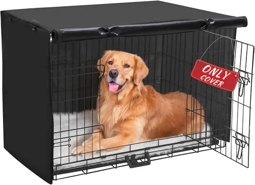 Vista 6 de Funda para jaula de perro, funda impermeable de doble puerta, funda protectora de poliéster 600D duradera para jaula de perro de 24/30/36/42/48 Beige
