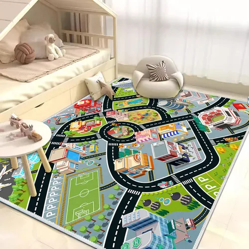 Vista 6 de Alfombra de Coches para Niños, Alfombra de Juego para Coches de Juguete y Tren, Alfombra de Juego de Tráfico Vial para Niños, Alfombra de Área