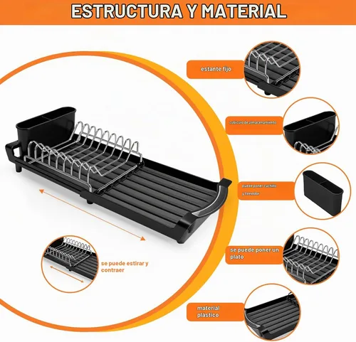 Vista 4 de Estante para secar platos compacto y expandible - Un escurridor de platos de acero inoxidable, resistente a la oxidación, que ahorra espacio