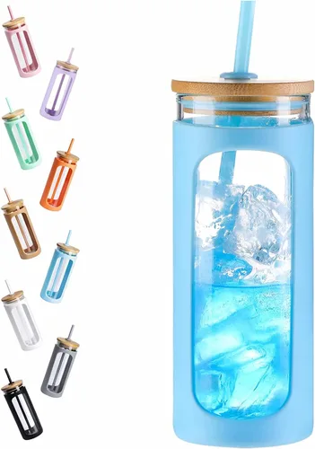 Vista 29 de Kodrine Vaso para agua de vidrio de 20 onzas con popote y tapa, botella de agua con tapas de bambú, taza para café helado, reutilizable, boca ancha
