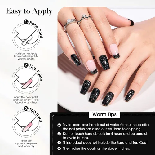 Vista 9 de COSMOO Esmalte de uñas de glitter negro de secado rápido, 12 ml, resistente a las astillas, vegano, de secado rápido, con vetas, de larga duración
