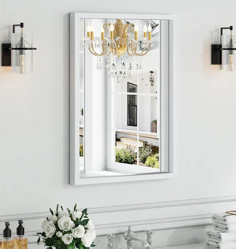 Vista 13 de Syndra Espejo de baño con marco de madera negra, 22 x 30 pulgadas, moderno espejo de tocador para pared, marco delgado y profundo impermeable Negro
