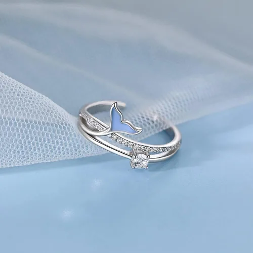 Vista 5 de Delicado anillo abierto de cola de sirena para mujer, circonita cúbica, cola de pez azul, doble capa, ajustable, apilables, anillos de compromiso
