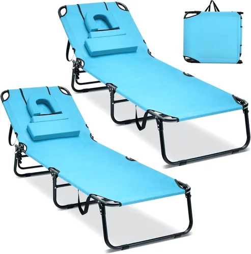 Vista 16 de GYMAX Silla de bronceado, silla de playa de 350 libras con agujero para la cara, almohada lavable y correa de transporte, tumbona plegable