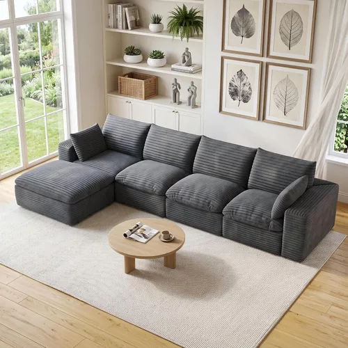 Vista 68 de 118" Cloud Couch Oversized Modular Sectional Sofa, Boneless L-Shaped 6 Seater Deep Seat Couch with Ottoman, Soft Corduroy Upholstery, DIY Negro