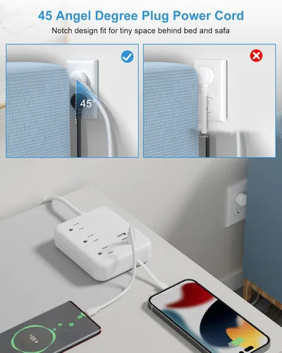 Vista 2 de Regleta de alimentación de viaje con puertos USB, 3 cables integrados, cable de extensión de enchufe plano, 3 tomacorrientes, 6 USB con cable