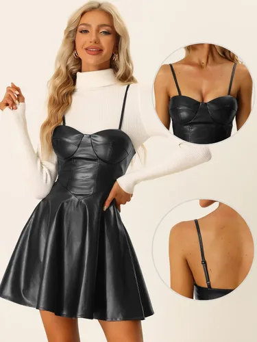 Vista 2 de Allegra K Vestido sexy con tirantes delgados para mujer, escote corazón, acampanado, de piel sintética, mini vestido