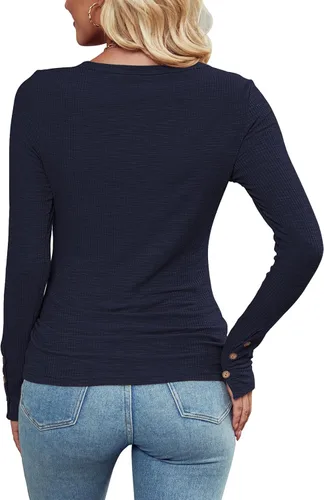 Vista 6 de Hount Camisetas casuales de manga larga para mujer, ajustadas, con botones, estilo Henley, básicas, de punto acanalado, lisas, para otoño