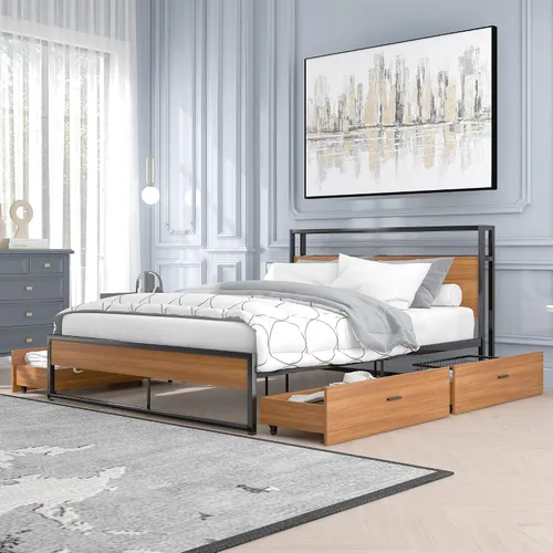 Vista 10 de VilroCaz Cama de plataforma de tamaño matrimonial con enchufes y puertos USB, marco de cama de plataforma de metal moderno con cajones, soporte