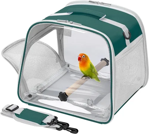 Vista 10 de Portador de pájaros pequeño, jaula de viaje con ventana grande con soporte y bandeja fácil de limpiar para cacatúas loro, periquito, ligero y Negro