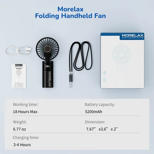 Vista 8 de Ventilador de mano portátil, mini ventilador personal plegable recargable por USB, 5200 mAh, 180 ajustables, viento de 6 velocidades, ventilador