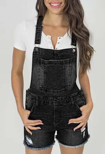 Vista 4 de HAPCOPE Pantalones cortos de mezclilla con tirantes ajustables y dobladillo con puños para mujer