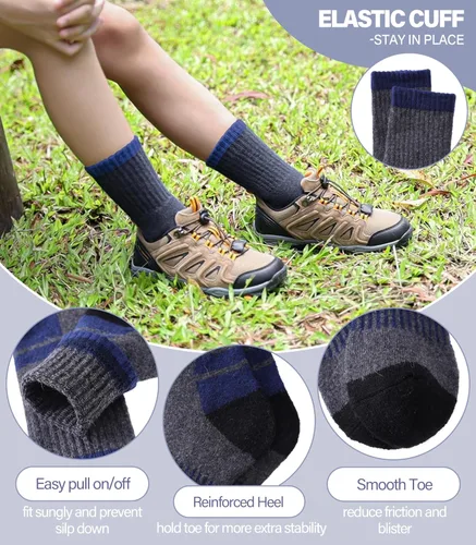 Vista 7 de DOSKONI Calcetines de senderismo de lana merino para niños y niñas, para invierno, cálidos, gruesos, térmicos, calcetines de regalo, 6 pares