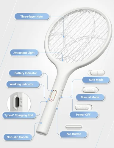 Vista 9 de YISSVIC Matamoscas eléctrico de 4000 V, raqueta matamoscas de insectos de doble modo con luz de mosquitos morada recargable para interiores, hogar