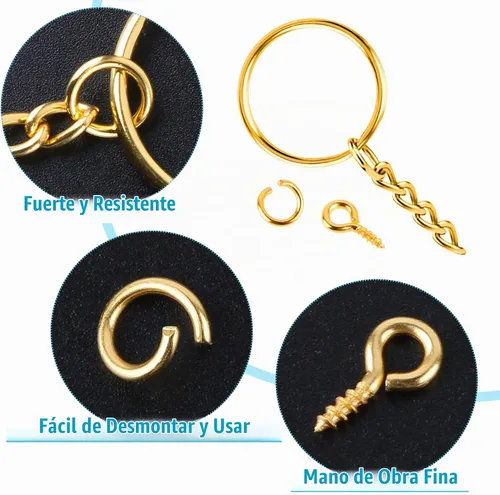 Vista 4 de PAXCOO - Kit de anillos para manualidades dorados, incluye 100 llaveros divididos con cadena, 100 anillos de salto y 100 pines de ojo de tornillo