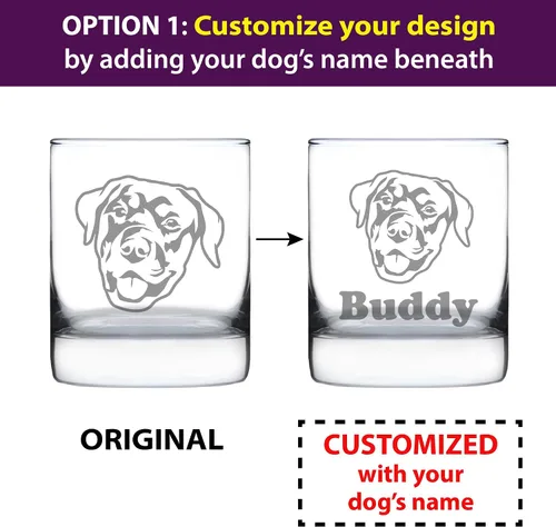 Vista 2 de Custom Happy Rottweiler - Whiskey Rocks Glass - Unique Rottweiler Themed Dog Gifts and Party Decor for Women and Men - 10.25 Oz - Customized Glasses